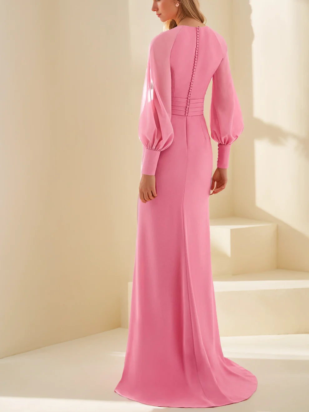 Prom Dresses Stores Sheath/Column V-Neck Long Sleeves Floor-Length Unique Mother of the Bride Dresses with Ruffles Formal Women's Dresses